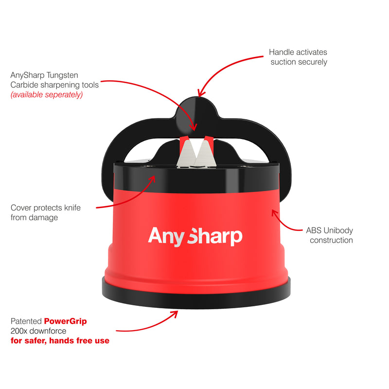 AnySharp Safer Hands-Free Knife Sharpener, Premium, Red