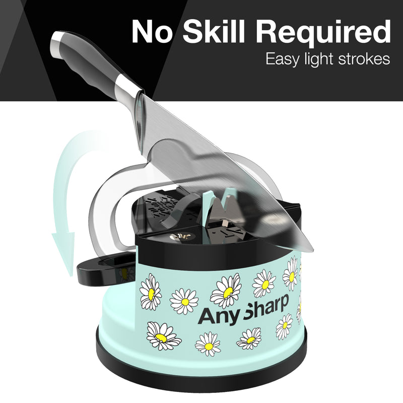 AnySharp Safer Hands-Free Knife Sharpener, Elite, Blue Daisies