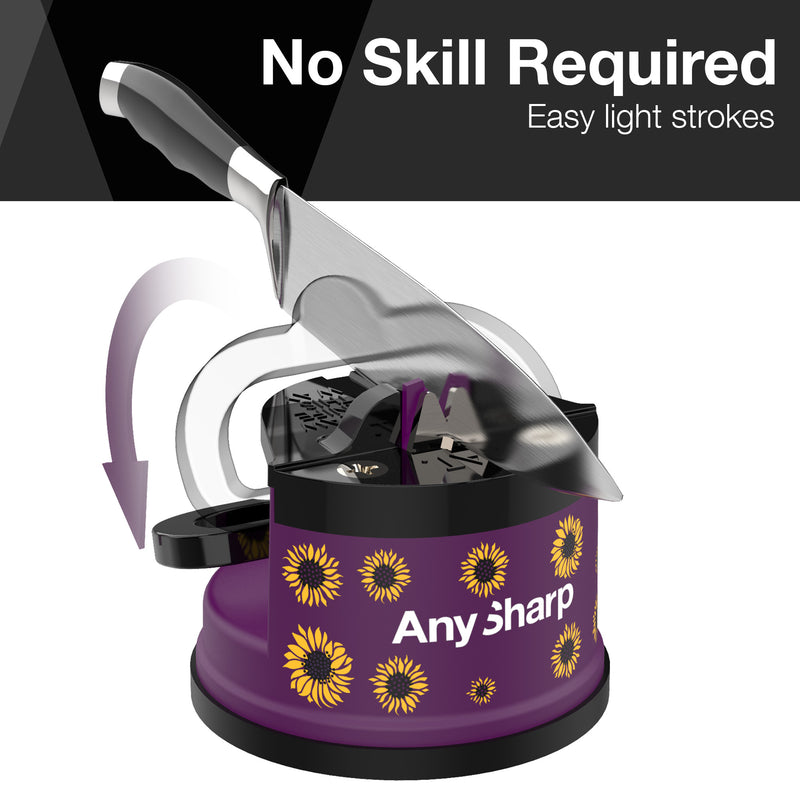 AnySharp Safer Hands-Free Knife Sharpener, Elite, Purple Sunflowers