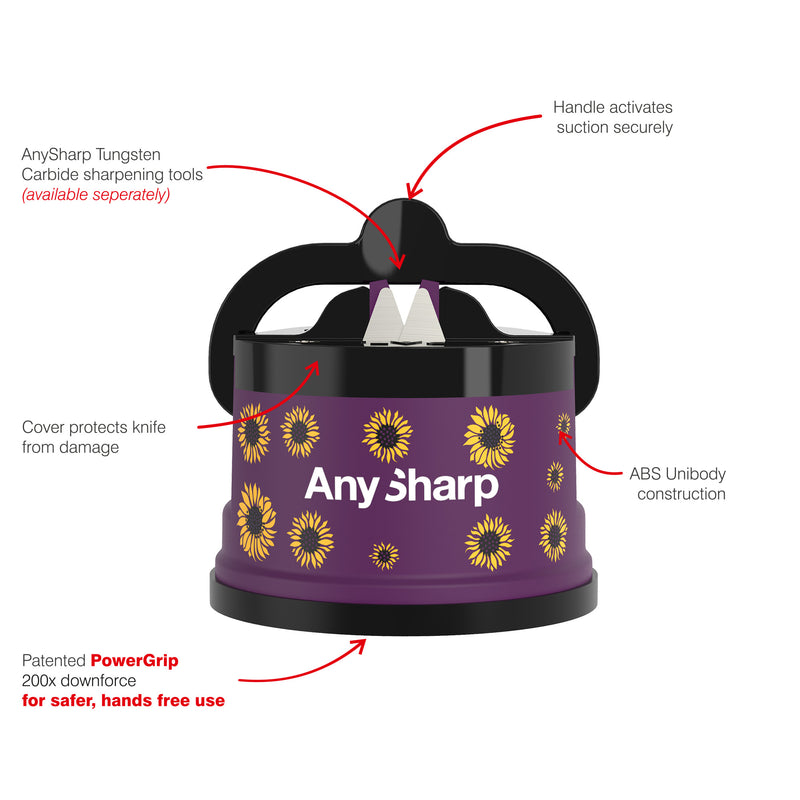 AnySharp Safer Hands-Free Knife Sharpener, Elite, Purple Sunflowers