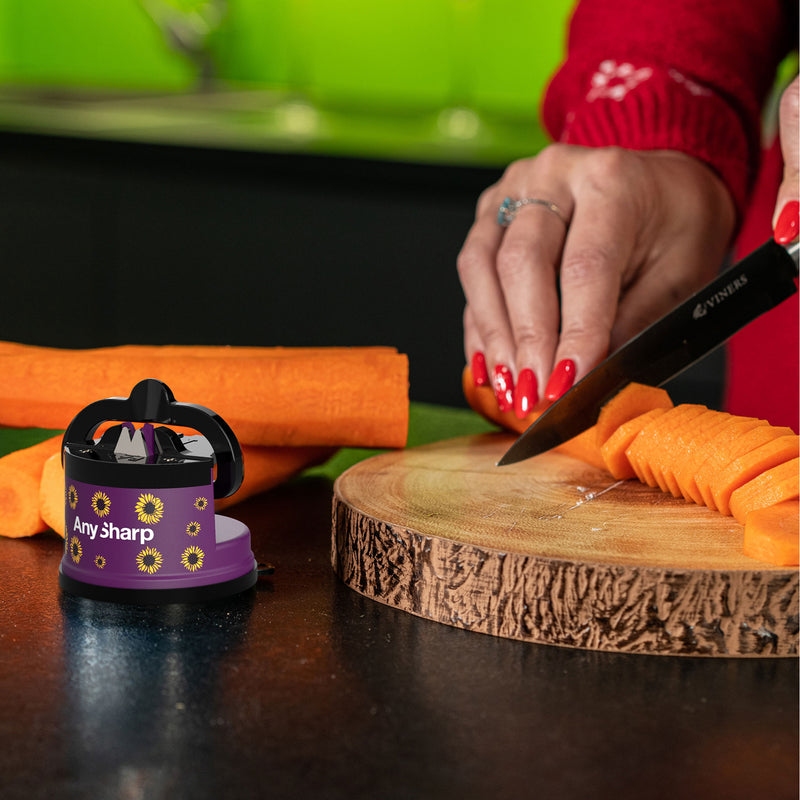 AnySharp Safer Hands-Free Knife Sharpener, Elite, Purple Sunflowers