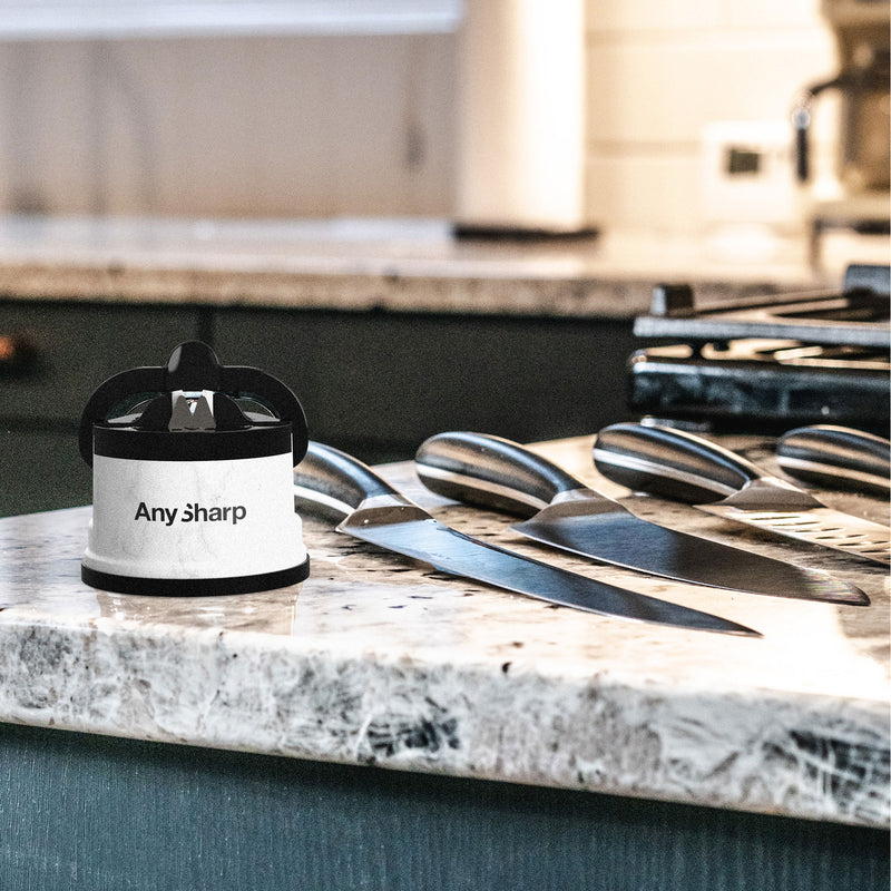 AnySharp Safer Hands-Free Knife Sharpener, Elite, White Marble