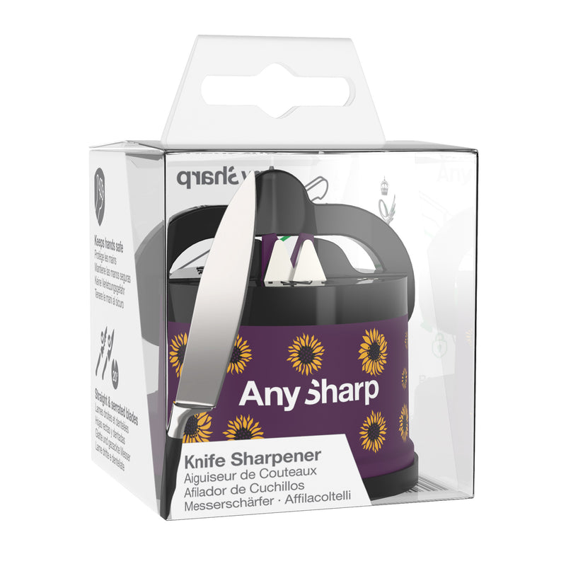 AnySharp Safer Hands-Free Knife Sharpener, Elite, Purple Sunflowers